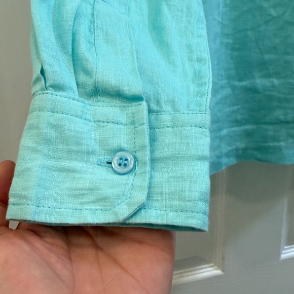 100% linen aqua blue long sleeve collared shirt - Picture 4 of 8